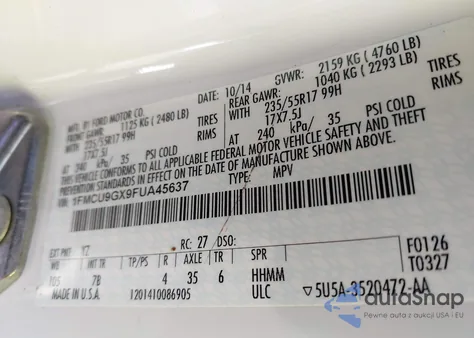 2015 Ford Escape Se z USA, uszkodzony, nr VIN 1FMCU9GX9FUA45637